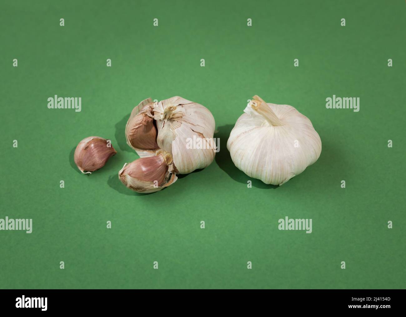 Dry whole garlic bulb, cloves, and green foxes of young garlic on