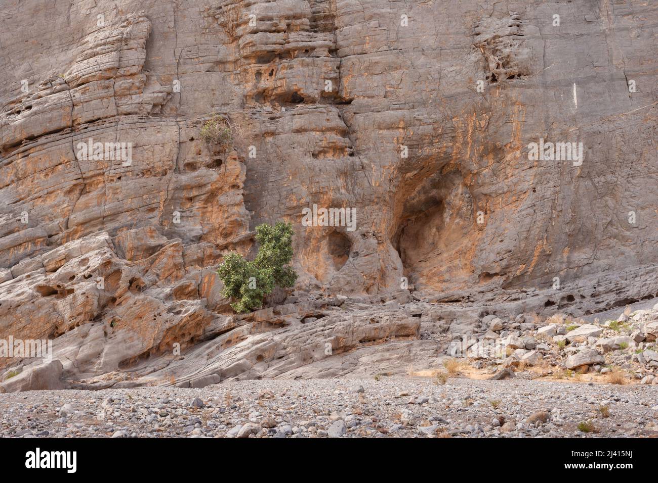 Rock formations in a wadi in the desert of the Emirate of Ras al Khaimah in the United Arab Emirates. Stock Photo