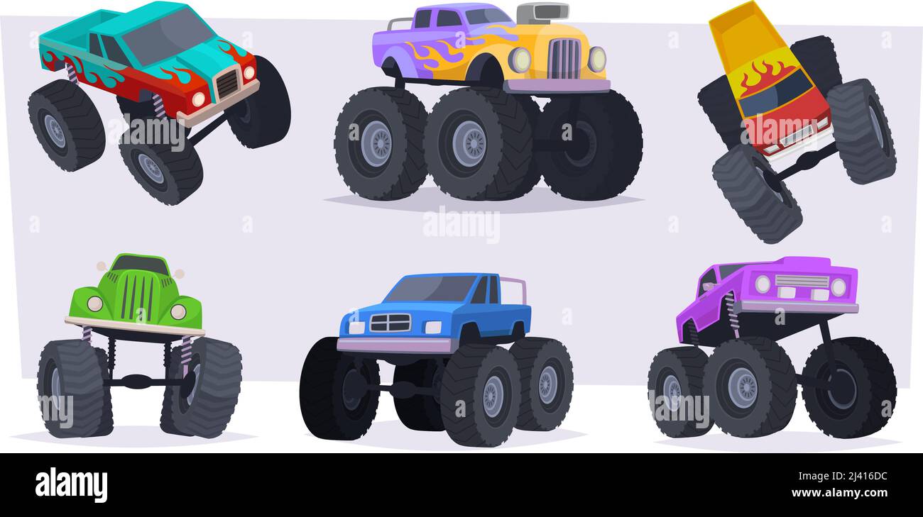Monster truck. Aggressive style vehicles with big wheels cartoon transport for kids exact vector colored illustrations Stock Vector