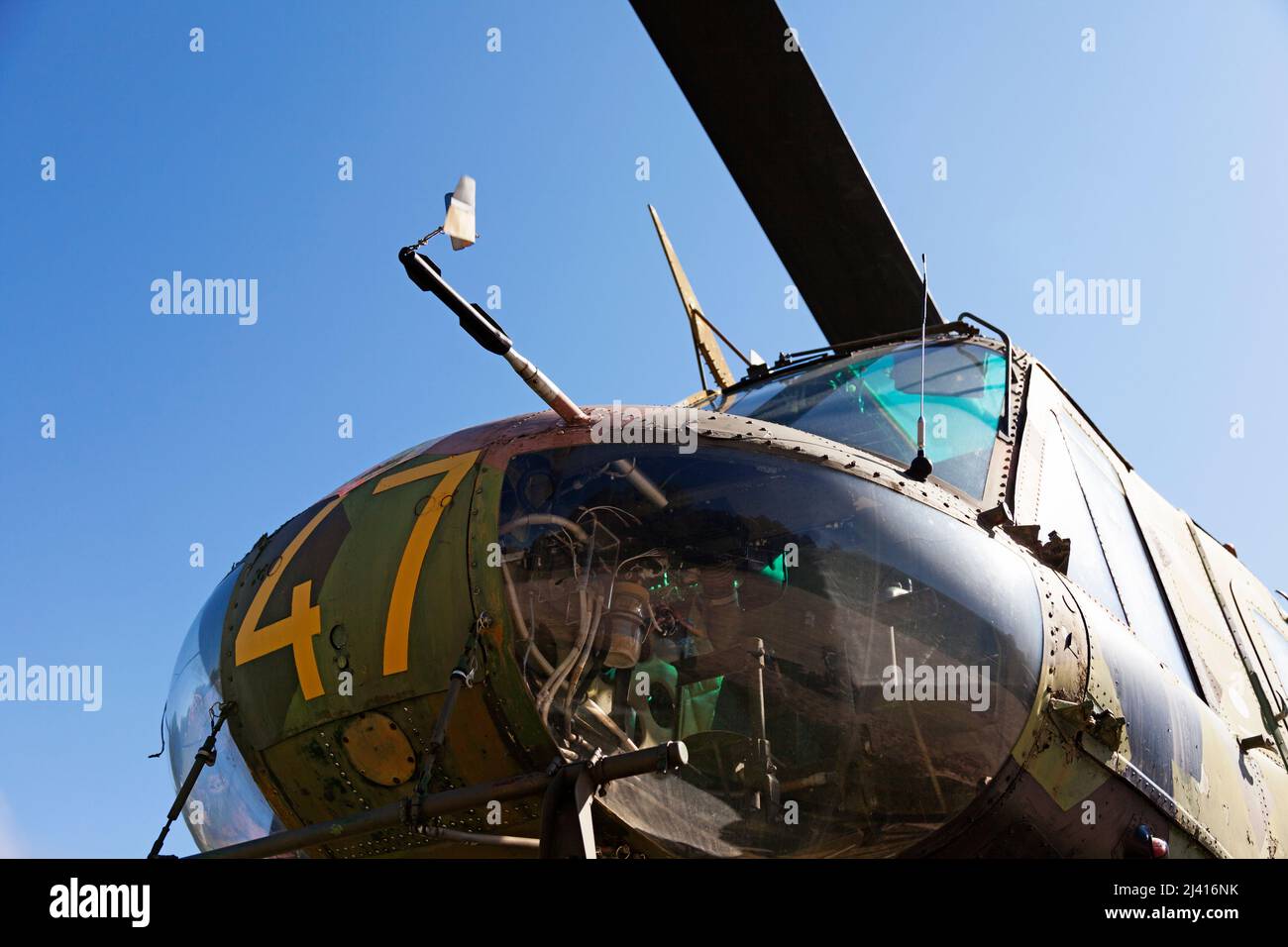 Umea, Norrland Sweden - August 7, 2021: Swedish military helicopter seen from below Stock Photo