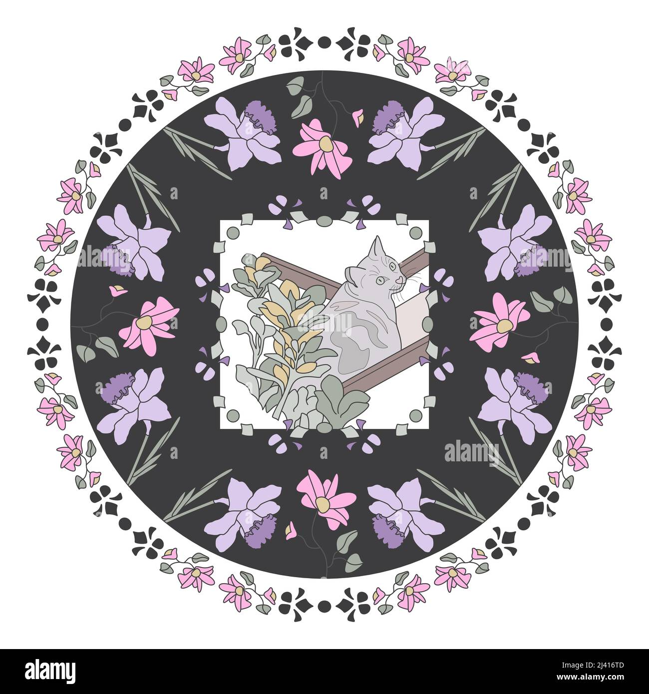 Pattern Mandala. Cute cat in the deckchair with pretty flowers. Background color dark gray. Vector illustration. Stock Vector