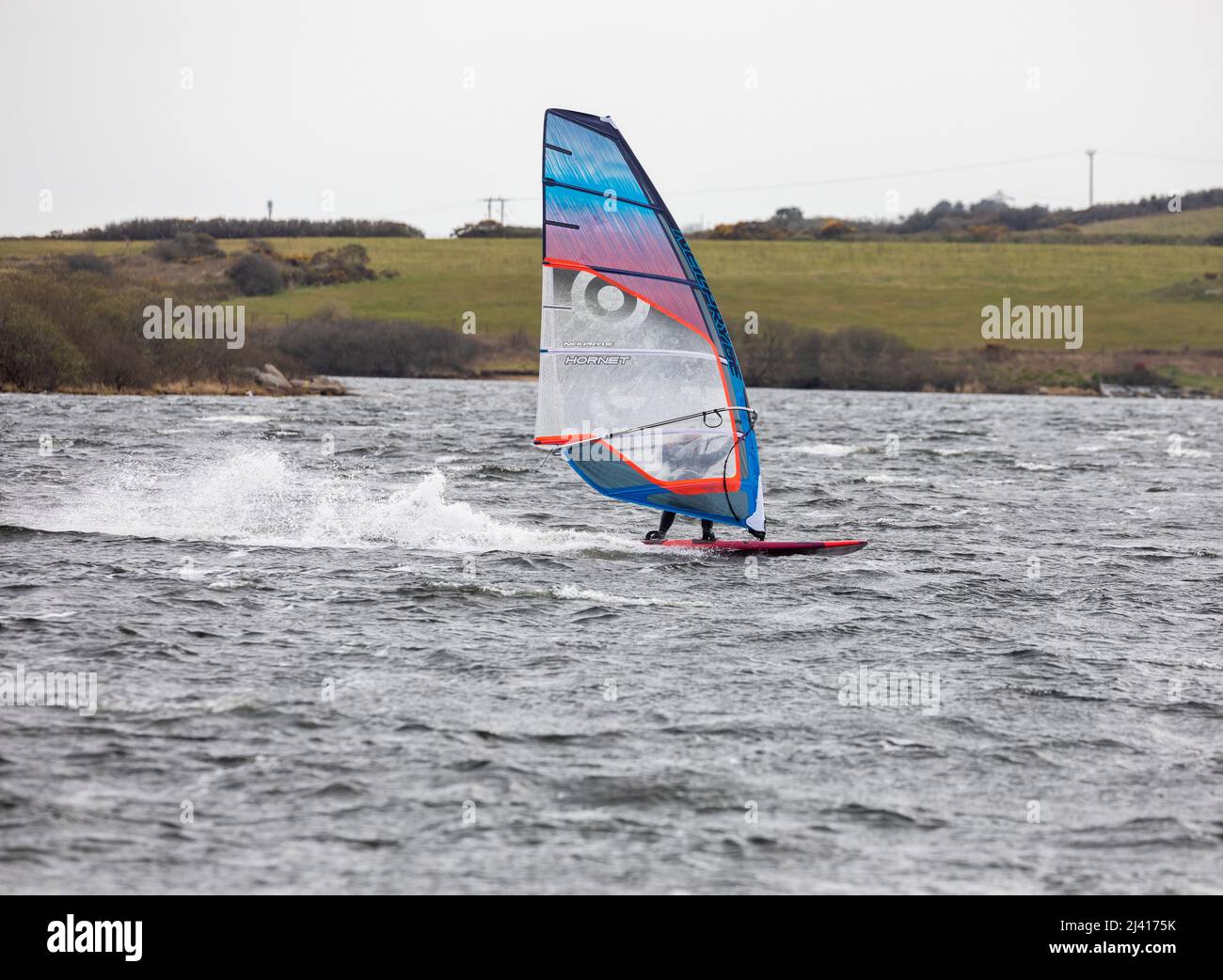 People wind foiling on Stithians Lake, Menherion in South West Cornwall