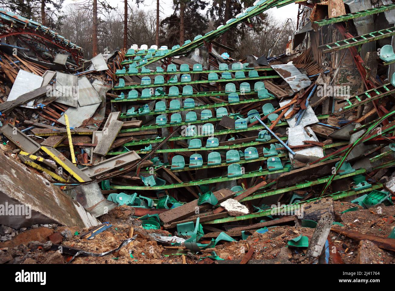CHERNIHIV, UKRAINE - APRIL 9, 2022 - The damaged rows of seats are pictured on the stands of the Chernihiv Olympic Sports Training Centre (formerly Yu Stock Photo