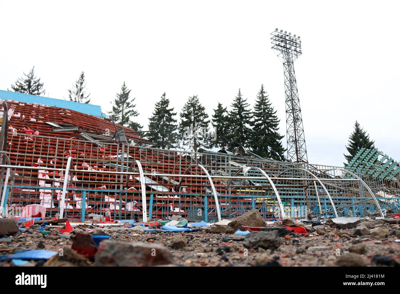 Non Exclusive: CHERNIHIV, UKRAINE - APRIL 9, 2022 - The damaged rows of seats are pictured on the stands of the Chernihiv Olympic Sports Training Cent Stock Photo