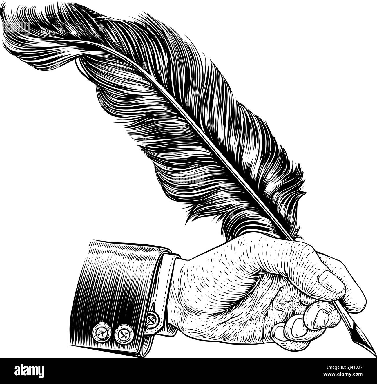 Quill Feather Ink Pen Hand Suit Vintage Woodcut Stock Vector