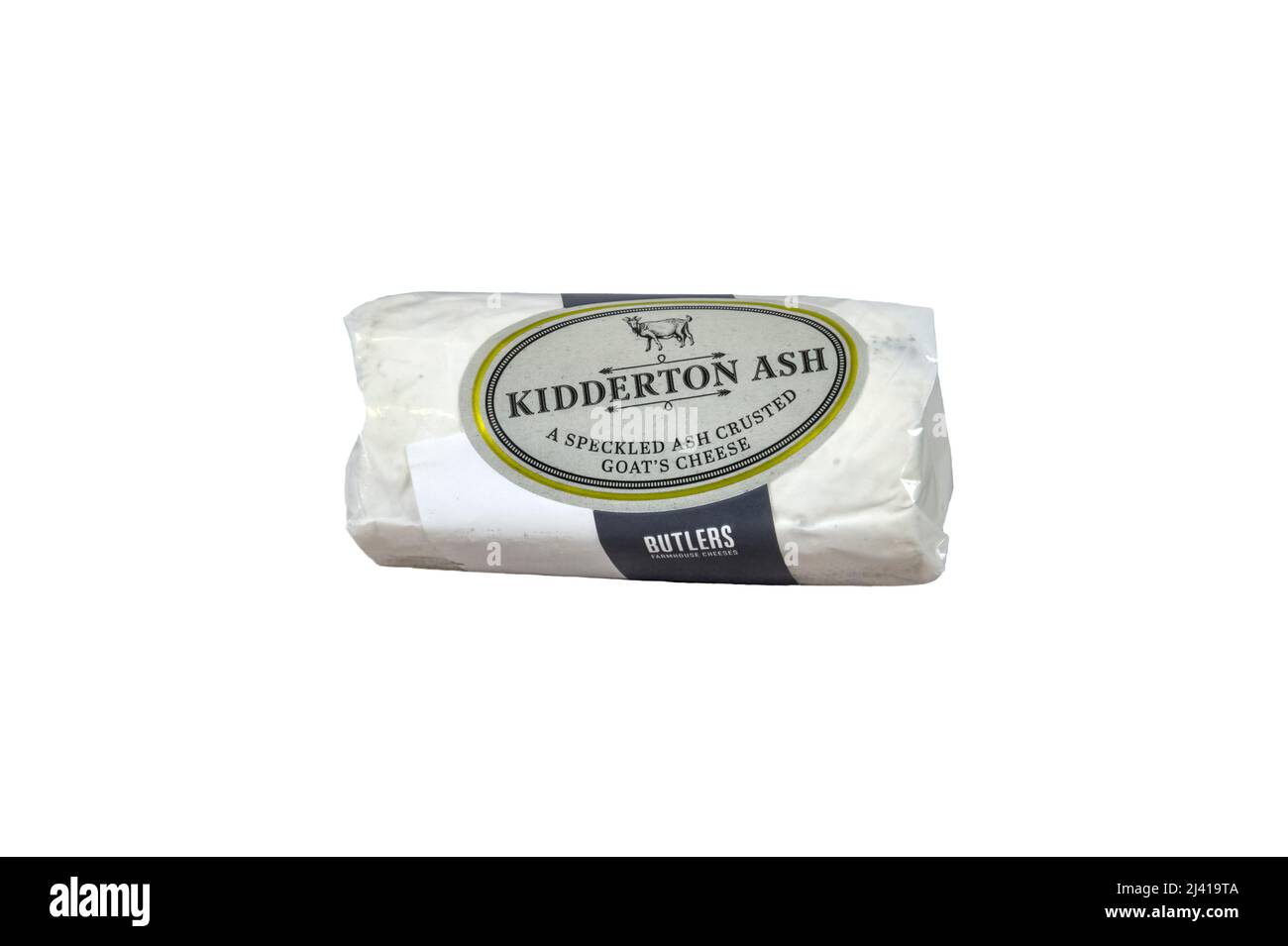Kidderton Ash speckled ash crusted goat's cheese is made by Butlers Farmhouse Cheeses in Lancashire. Stock Photo
