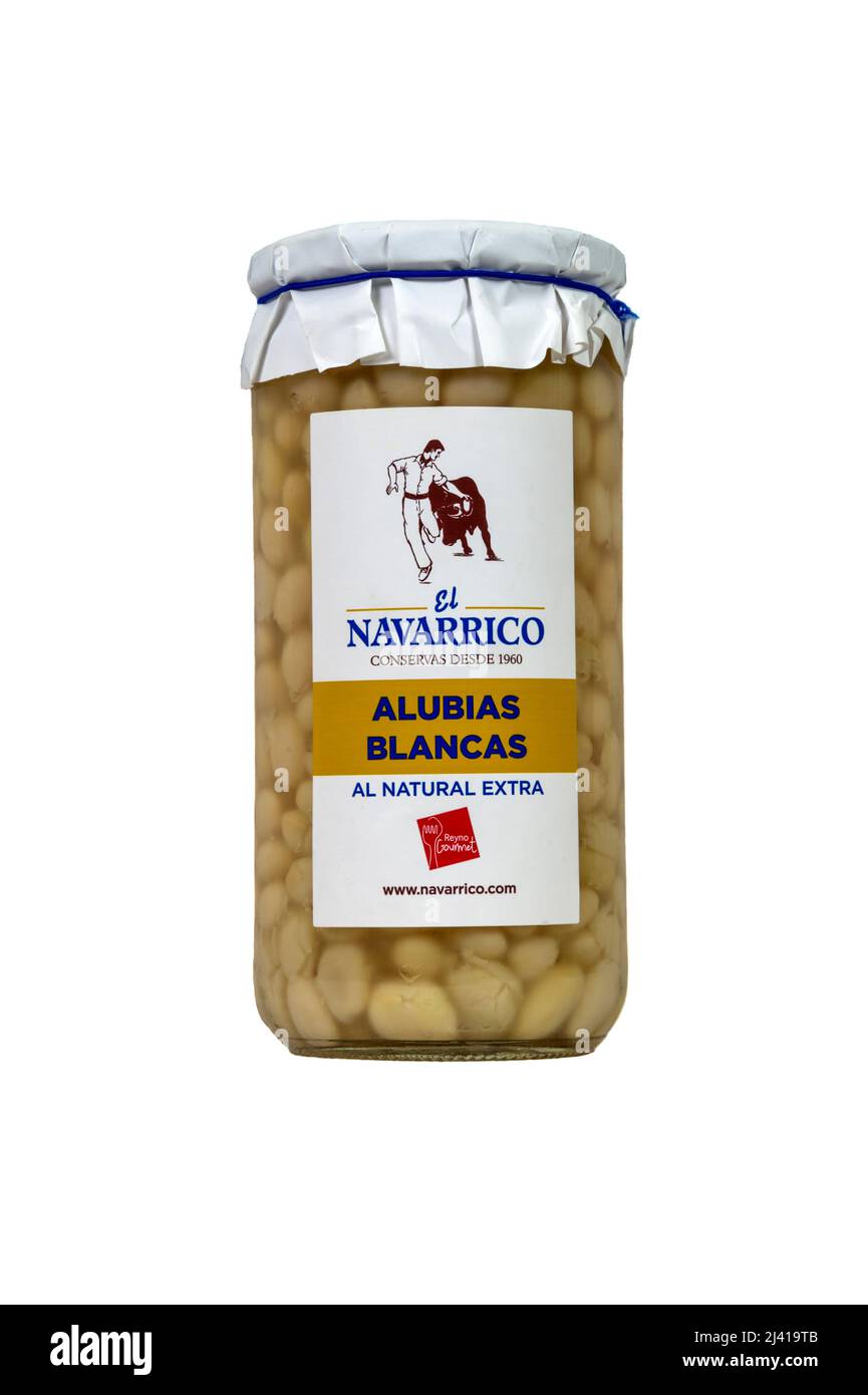A jar of El Navarrico Alubias Blancas, Spanish white beans. Stock Photo