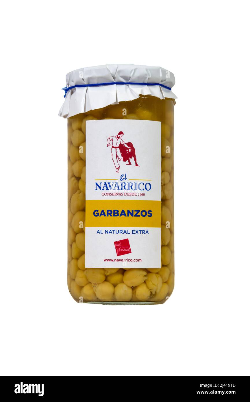 A jar of El Navarrico Garbanzos or chick peas. Stock Photo