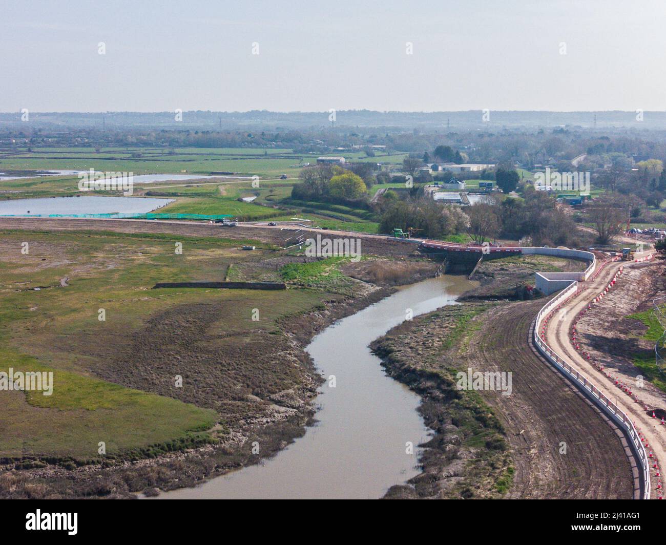 Aerial view of the Severn Beach to Aust coastal path currently closed (April 2022). This project is to improve flood defences. South Gloucestershire Stock Photo