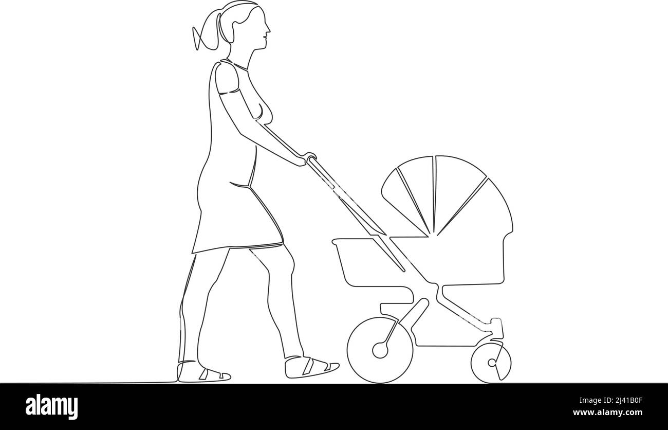 single line drawing of woman pushing baby stroller, continuous line vector illustration Stock Vector