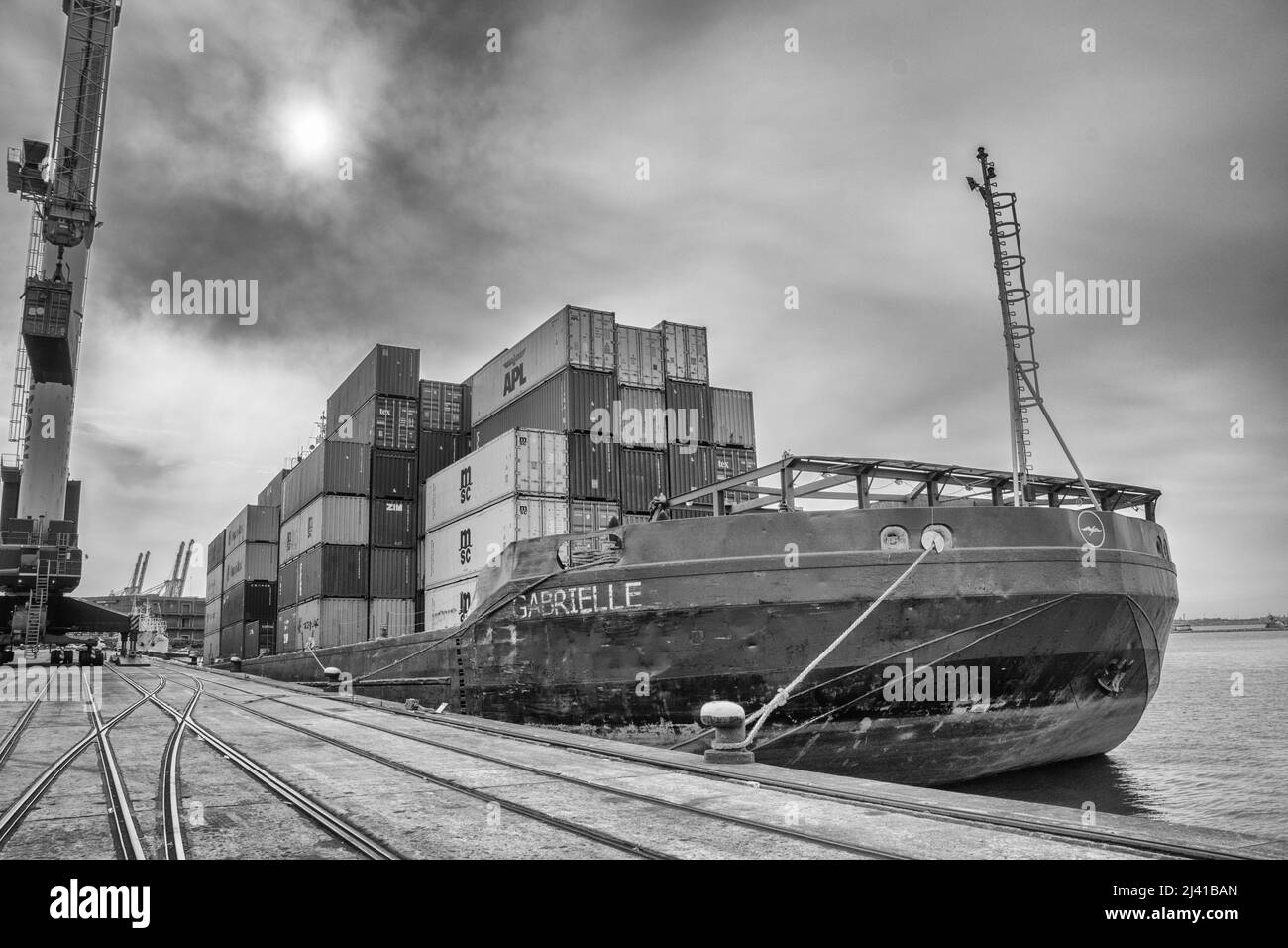 Large cargo ship full of containers in the port of Montevideo, Uruguay Stock Photo