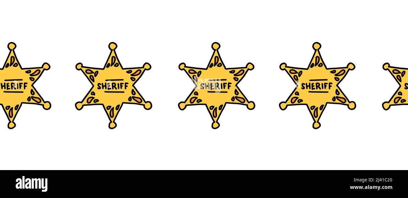 Sheriff star badge seamless vector border. Repeating horizontal pattern Wild West theme. Use for boy birthday party decor, costume party, footer Stock Vector