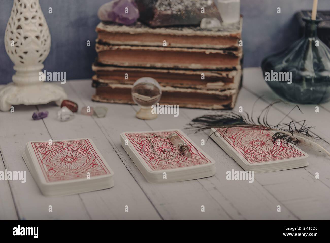 Fortune telling a deck of tarot cards with other fortune telling items