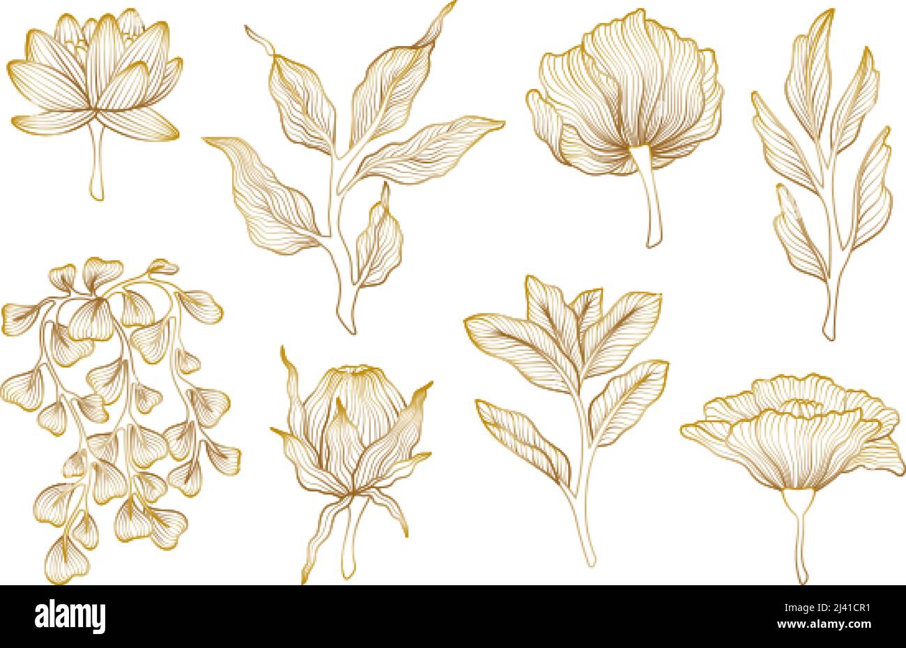 Gold line floral elements. Luxury golden leaf, outline lotus and branches. Unique nature design. Art vintage elegant asian botanical swanky vector set Stock Vector