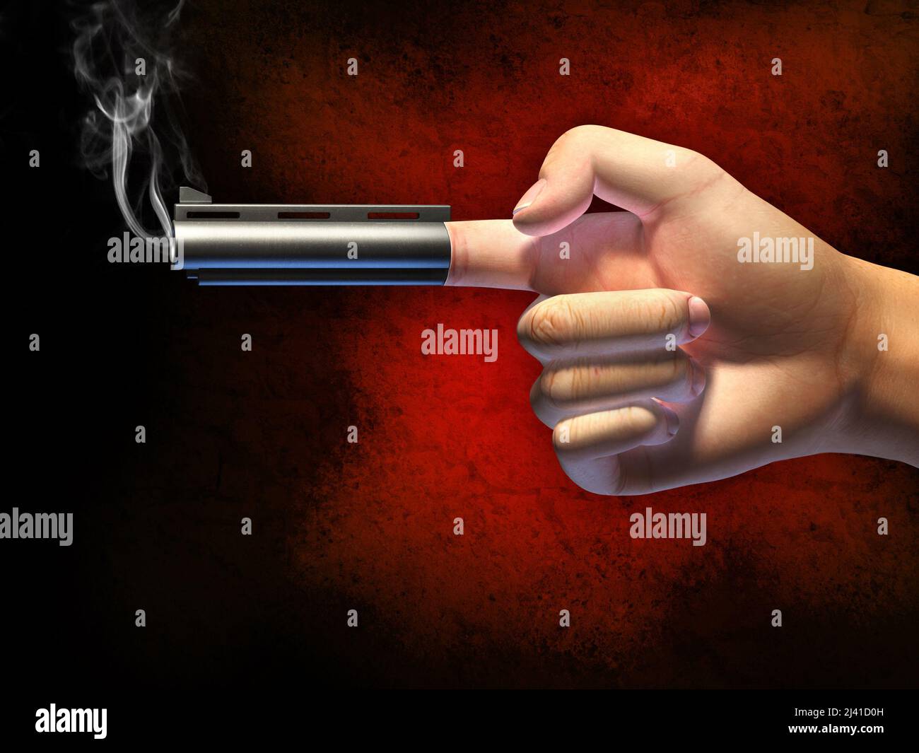 Hand in a typical gun gesture, shooting from its index finger. Digital illustration, clipping path allows to separate hand from background. Stock Photo