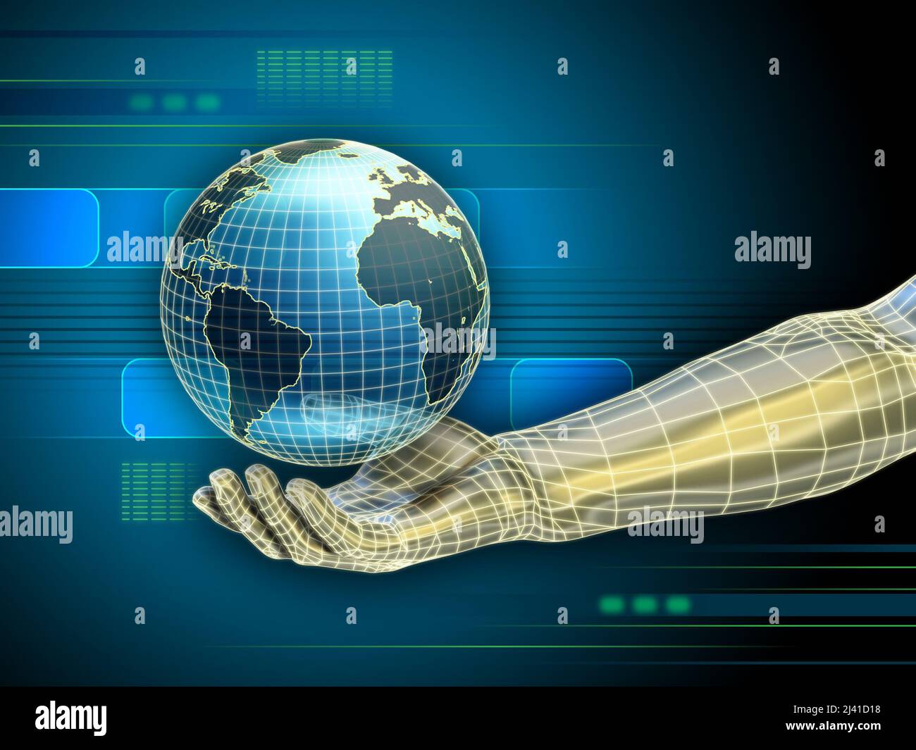 Android hand holding a 3D model of the Earth. Digital illustration. Stock Photo