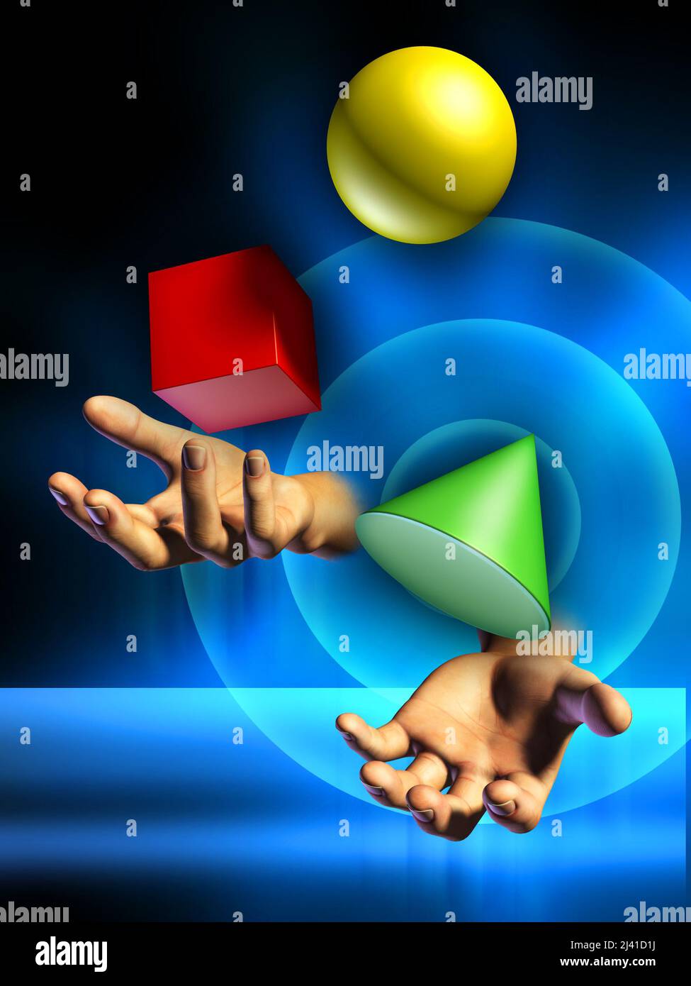 Male hands juggling some colorful shapes. Digital illustration. Stock Photo