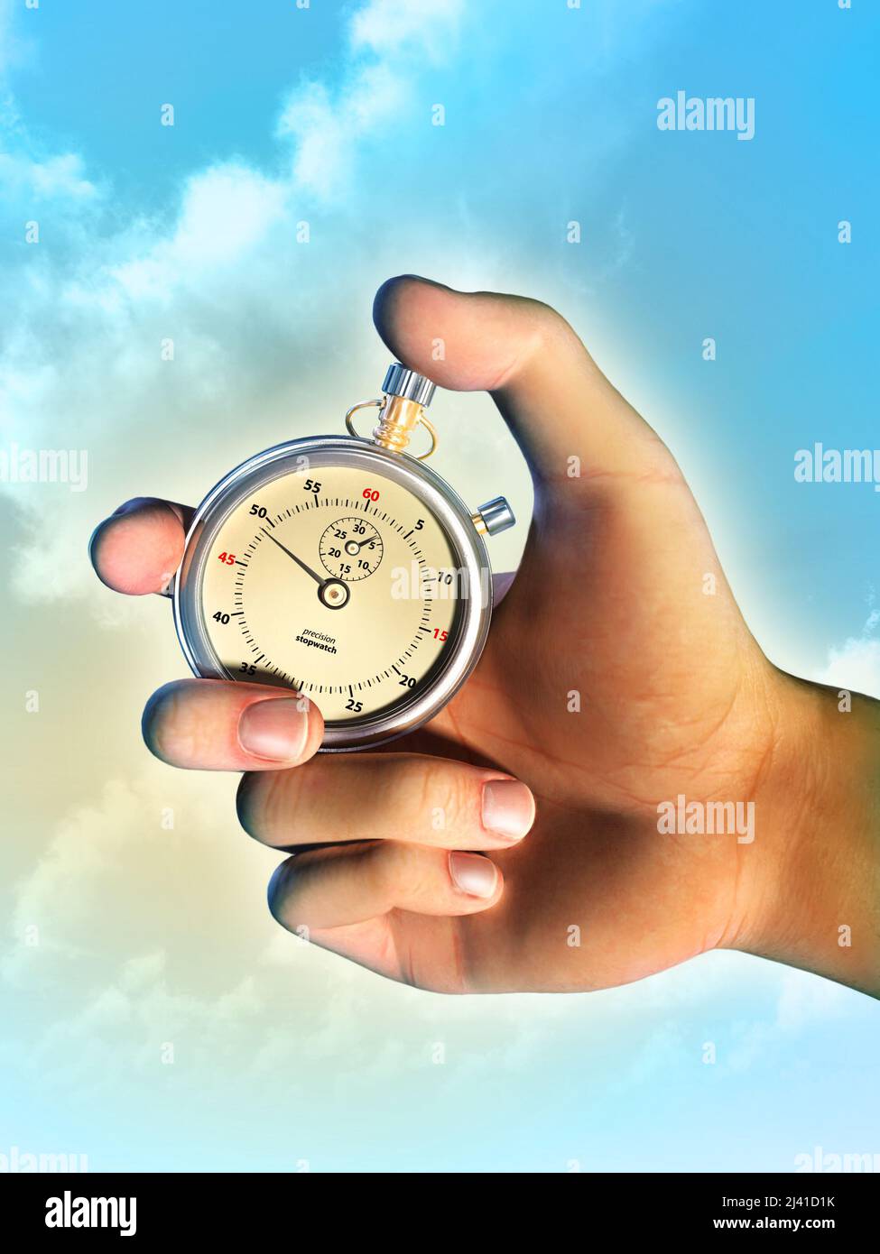Male hand holding a stopwatch over a bright sky background. Digital illustration. Stock Photo