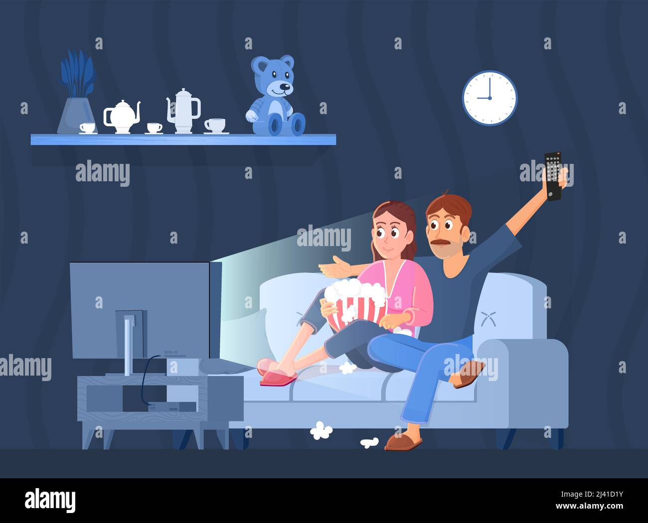 Young couple watching tv. Man watch movie in dark room with girl. Friends relax at evening on sofa in apartment. Family rest at home, decent vector Stock Vector