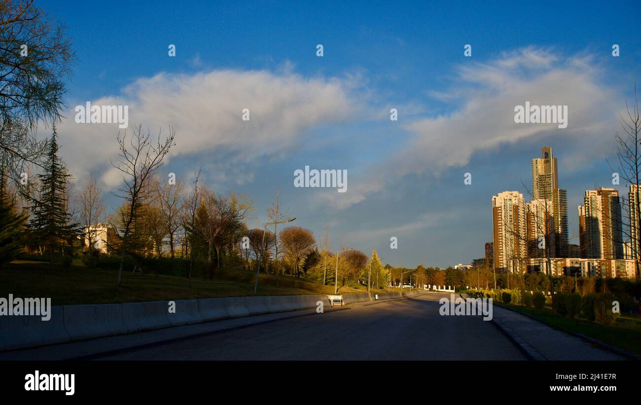 Walking path in the park with trees and a view of the city in the distance. Green space in front of tall buildings. Stock Photo