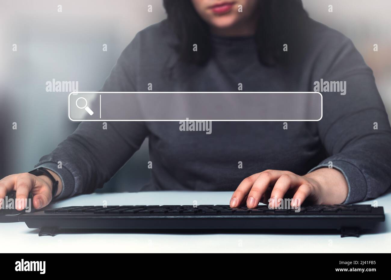 Woman browsing through Social media concept. Hologram screen