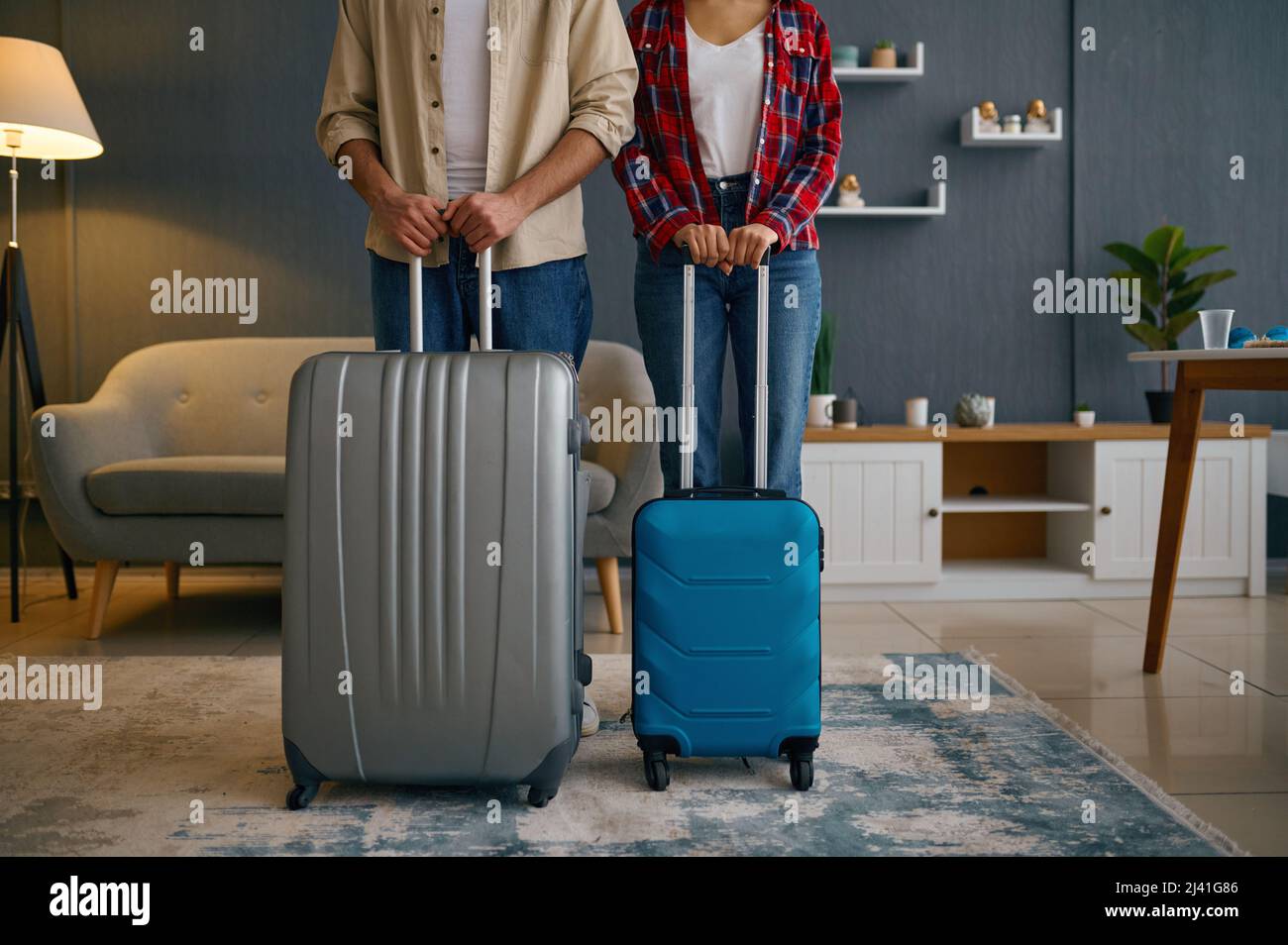 Married couple with suitcases in living room. Stock Photo