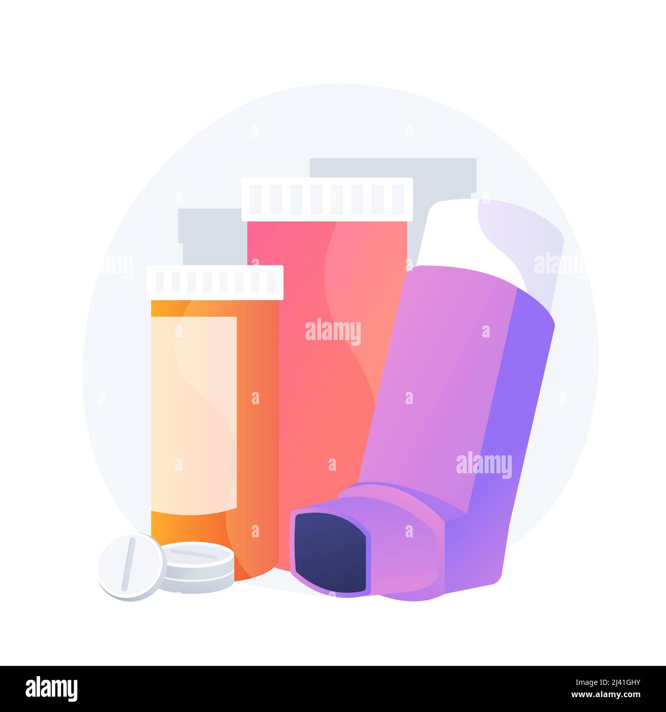 Pharmaceutical products. Respiratory sickness, bronchial asthma, allergy treatment design element. Medical supplement, pills and asthma inhaler. Vecto Stock Vector