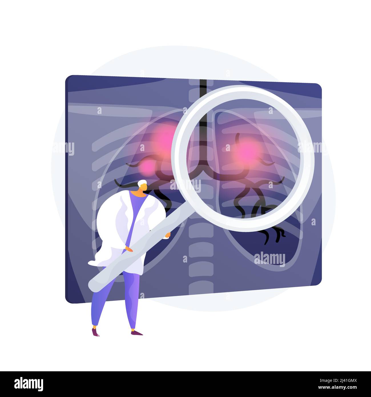 Respiratory disease, medical problem. Lung cancer, bronchial asthma, pneumonia diagnosis. Chest x ray scan with inflammations. Radiology design elemen Stock Vector