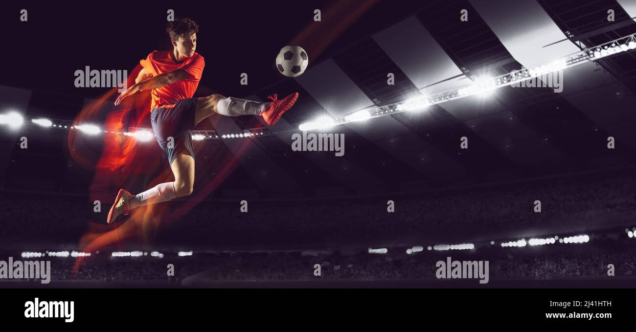 Bright dynamic collage with professional soccer, football player kick