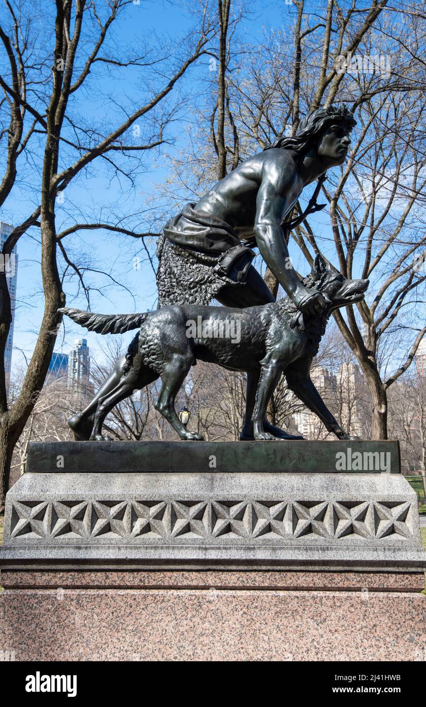 Indian Hunter Statue in Central Park in Manhattan New York City, USA Stock Photo