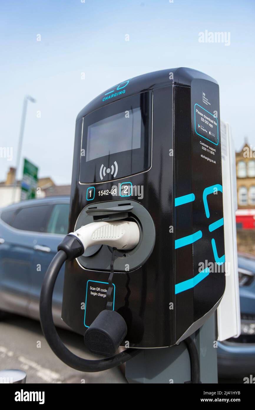 Electric vehicle charging points in car park in Hipperholme, West