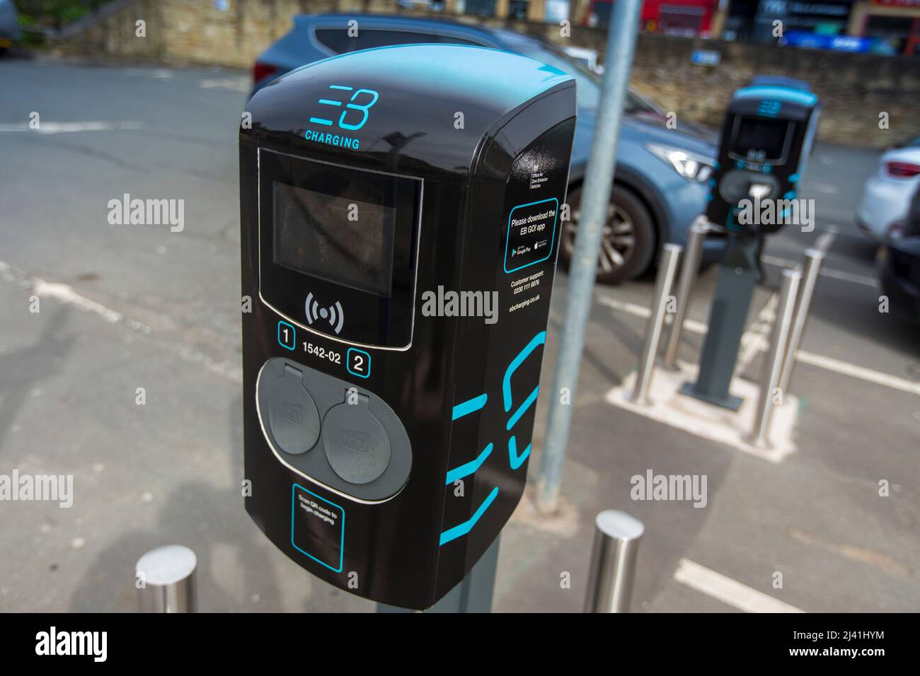 Electric vehicle charging points in car park in Hipperholme, West