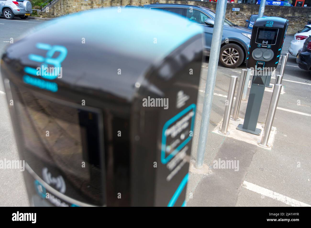 Electric vehicle charging points in car park in Hipperholme, West