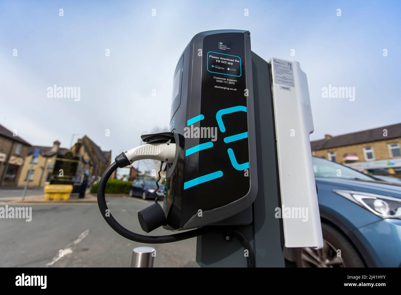 Electric vehicle charging points in car park in Hipperholme, West