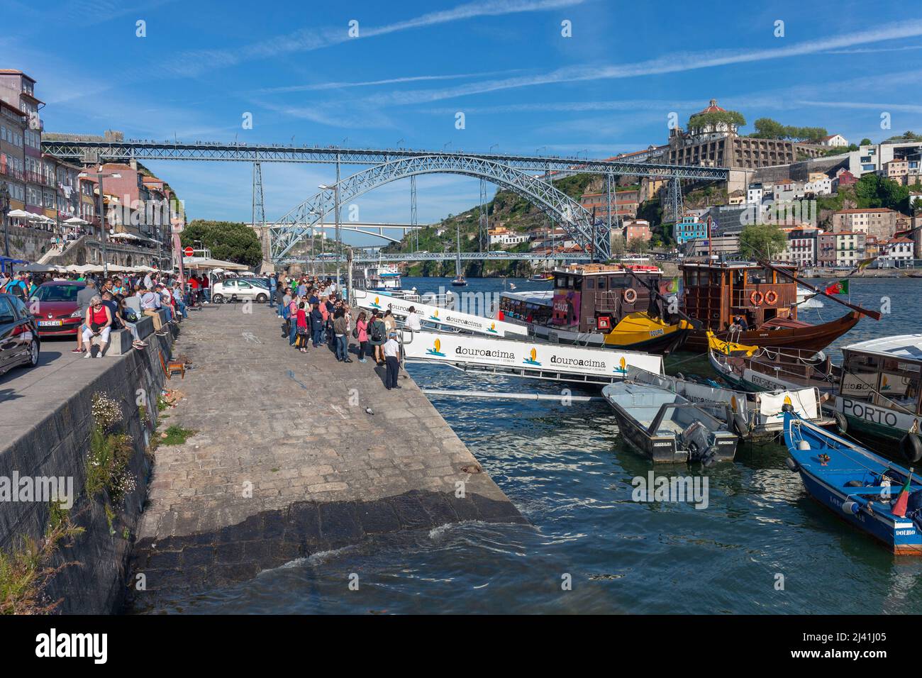 The Ribeira District showing the Promenade with Moored Pleasure Boats beside the Douro River, Porto, Portugal, Europe Stock Photo
