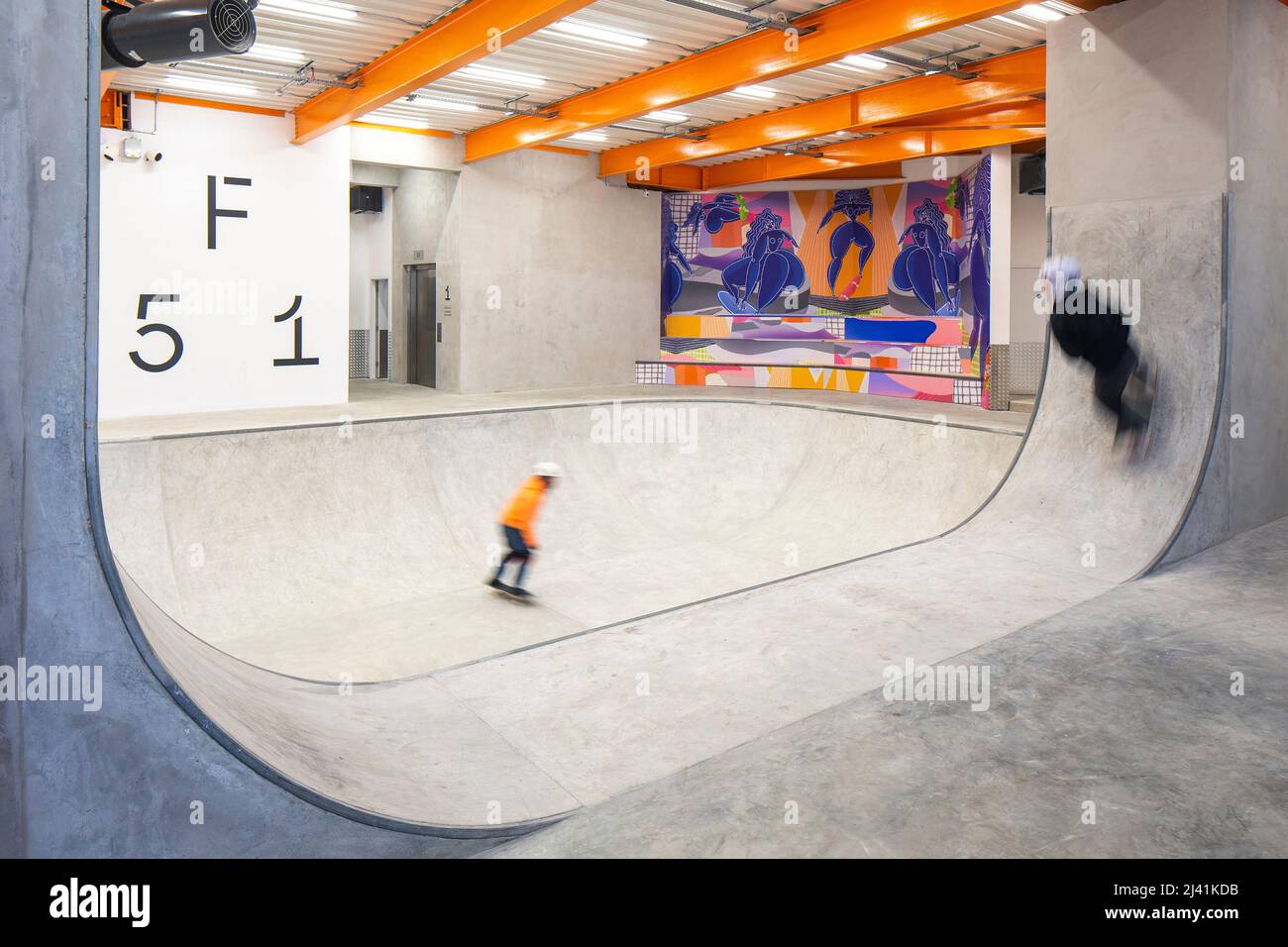 Concrete bowl area. F51 Skatepark, Folkestone, United Kingdom. Architect: Hollaway architects, 2022. Stock Photo
