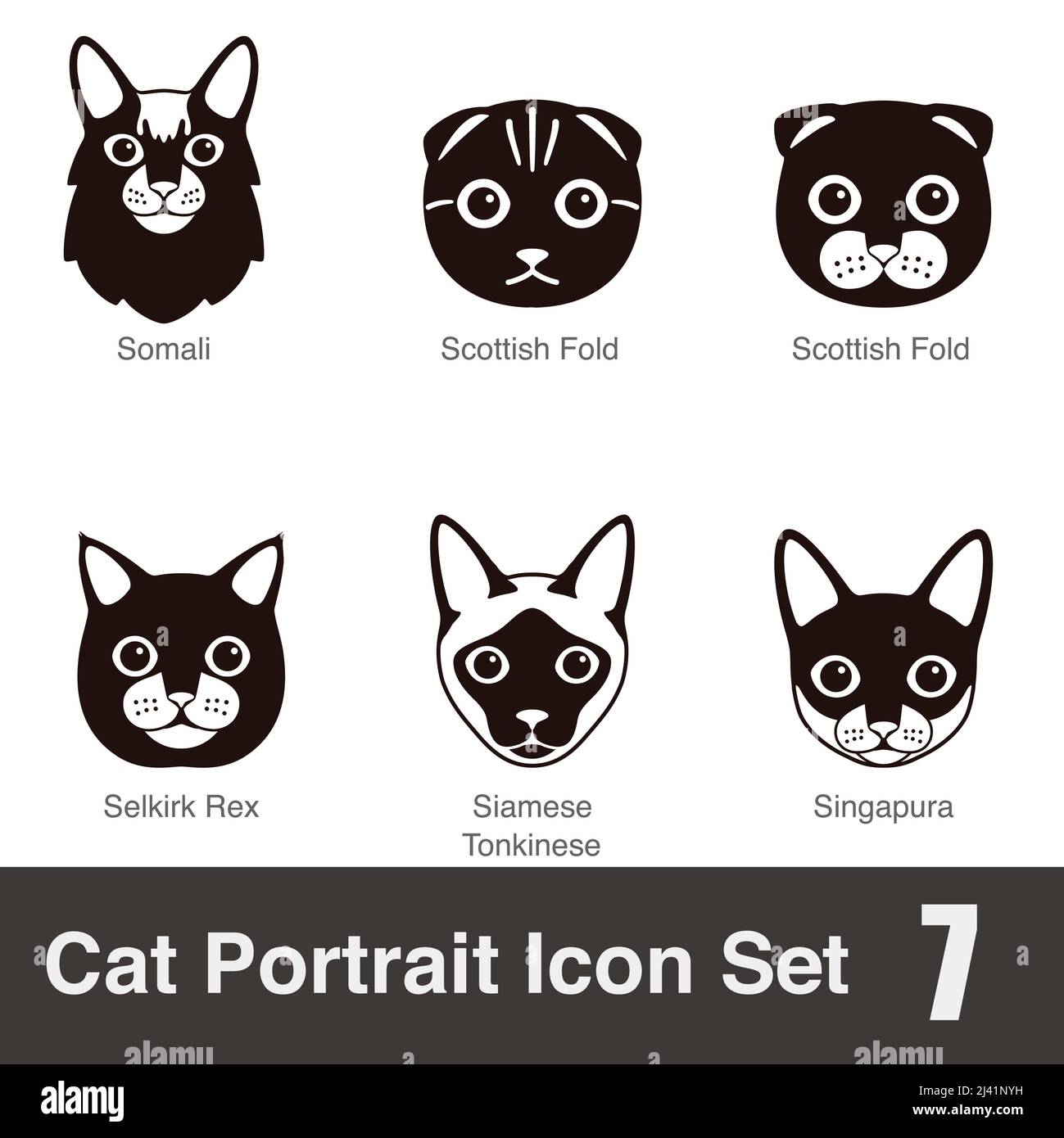 Cat breed face cartoon flat black icon series, vector illustration Stock Vector
