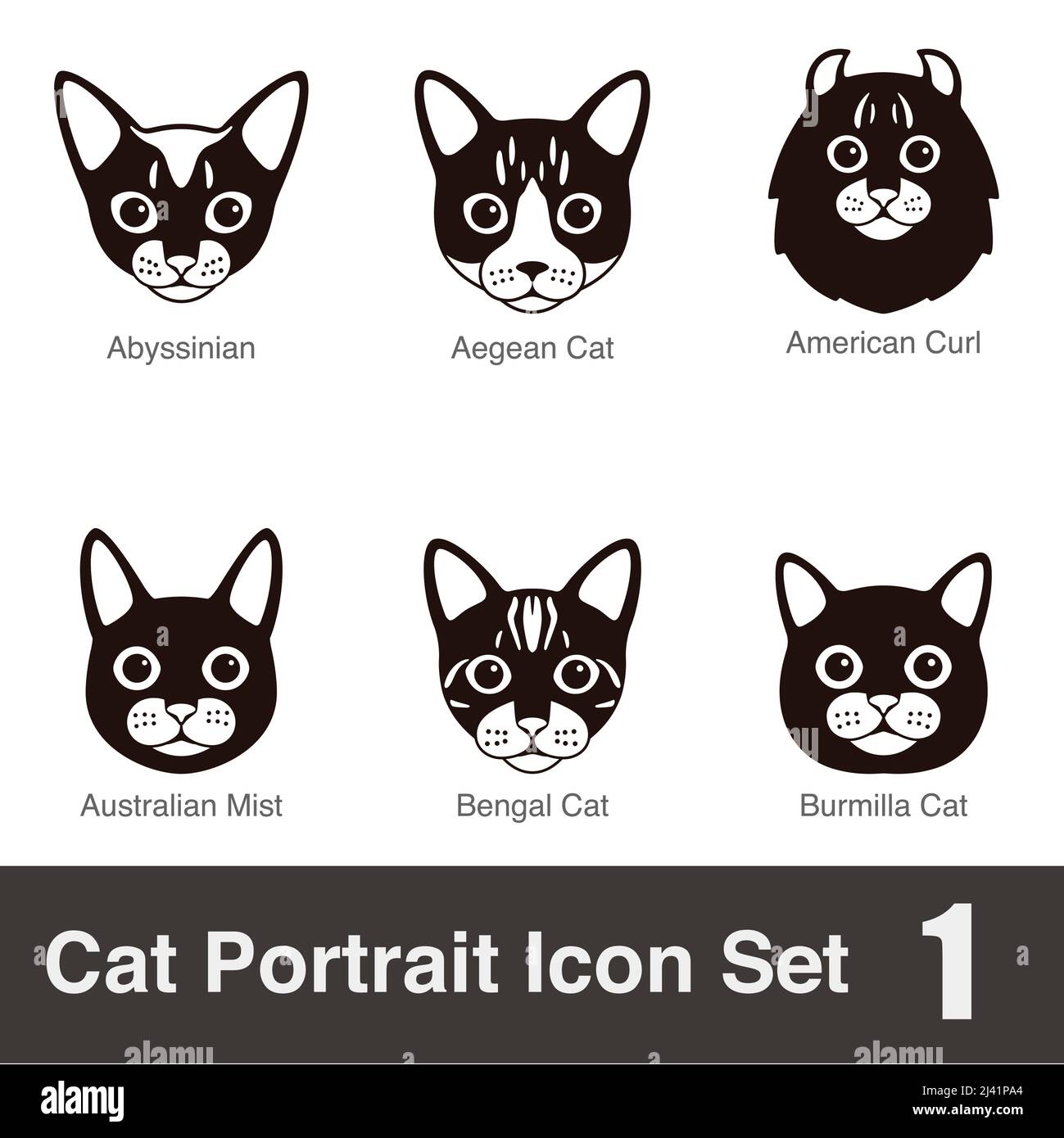 Cat breed face cartoon flat black icon series, vector illustration Stock Vector
