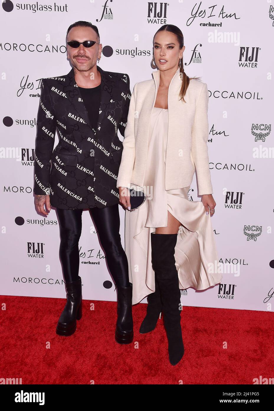 BEVERLY HILLS, CA - APRIL 10: (L-R) Matheus Mazzafera and Alessandra Ambrosio attend The Daily Front Row's 6th Annual Fashion Los Angeles Awards at Be Stock Photo