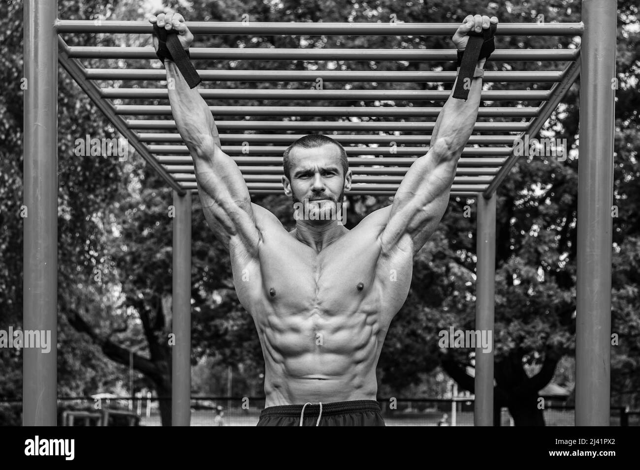 Muscular man doing pullups on horizontal bar Stock Photo Alamy