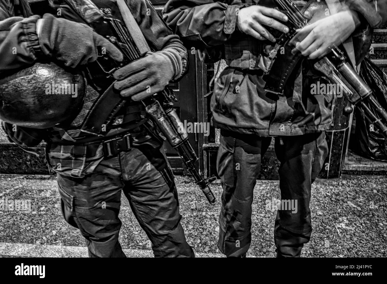 War in Ukraine, people and soldiers in Lviv, Ukraine Stock Photo
