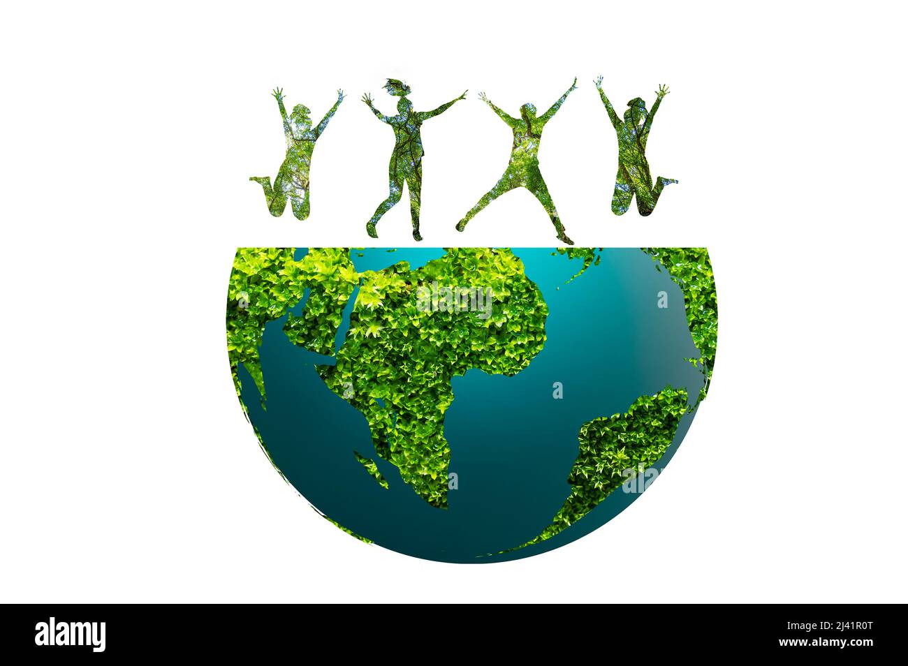 silhouette of a group of people jumping concept of conservation of the earth and the environment Stock Photo