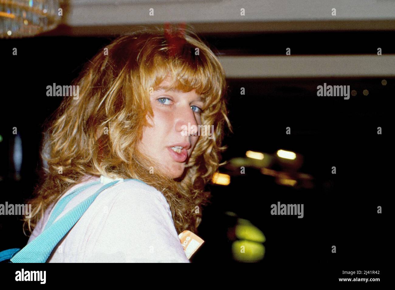 Stefanie Maria Steffi Graf, deutsche Tennisspielerin und Golden-Slam-Gewinnerin, erschöpft nach einem Tennisspiel, Deutschland um 1989. Stock Photo