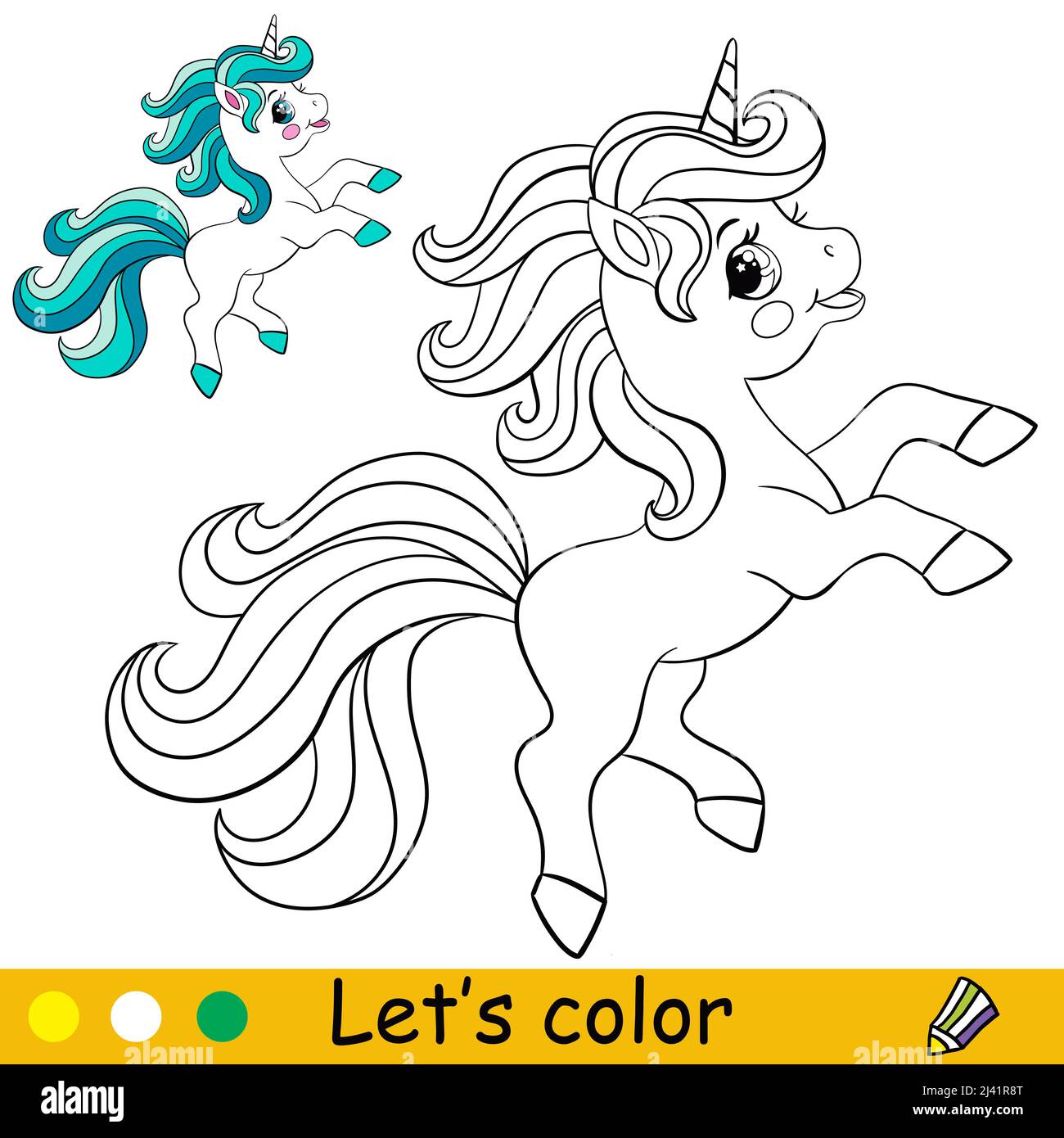 Cartoon cute happy little unicorn. Coloring book page with colorful ...