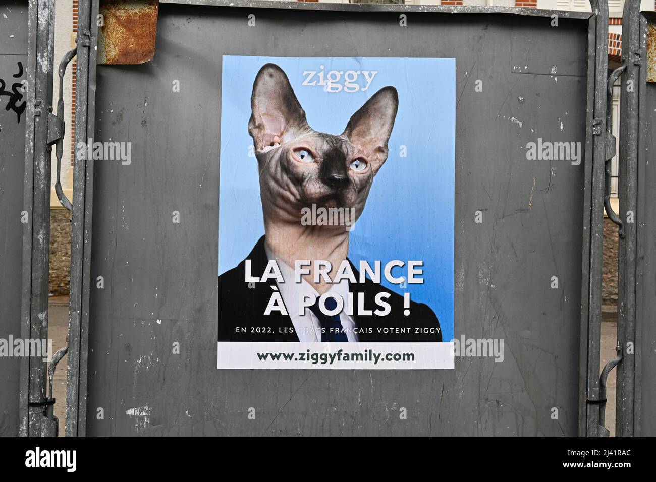 Cat food brand Ziggy imitates Presidential election campaign posters in Paris, France on Apr. 9, 2022. (Photo by Lionel Urman/Sipa USA) Stock Photo