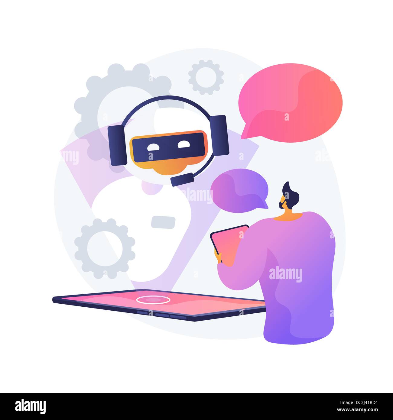 Dialog with chatbot. Artificial intelligence reply to question. Tech support, instant messaging, hotline operator. AI assistant. Client bot consultant Stock Vector