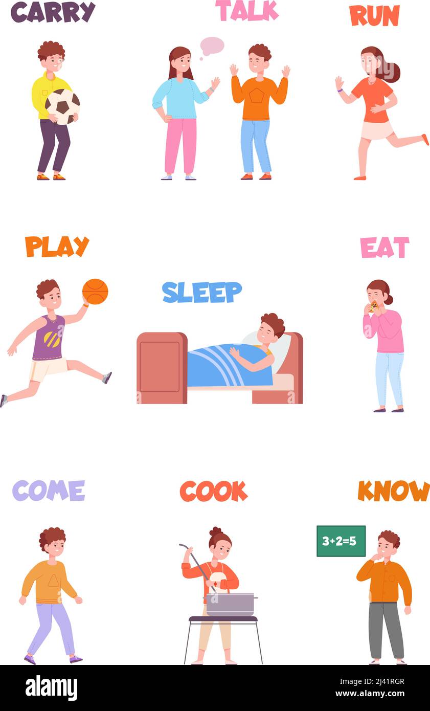 Children action verb. Child character learning read english mechanisme