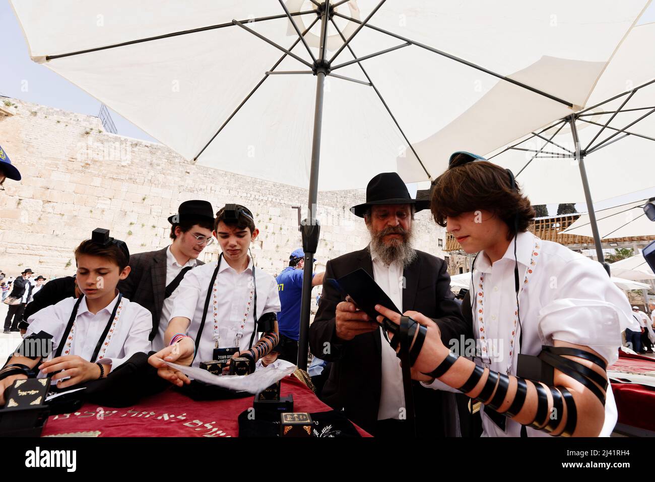 Leather straps and boxes containing sacred parchments hires stock