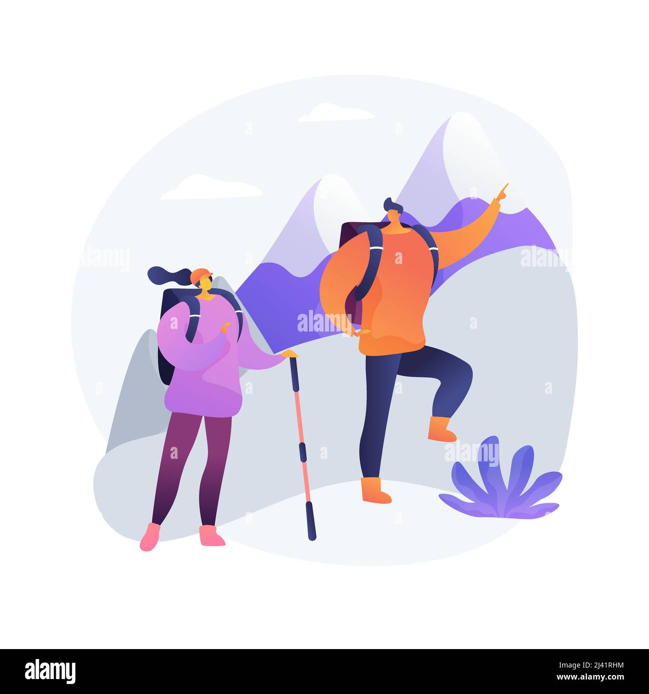 Hiking abstract concept vector illustration. Active lifestyle, mountain climbing, outdoor camping, trekking trail, countryside walking, travel adventu Stock Vector