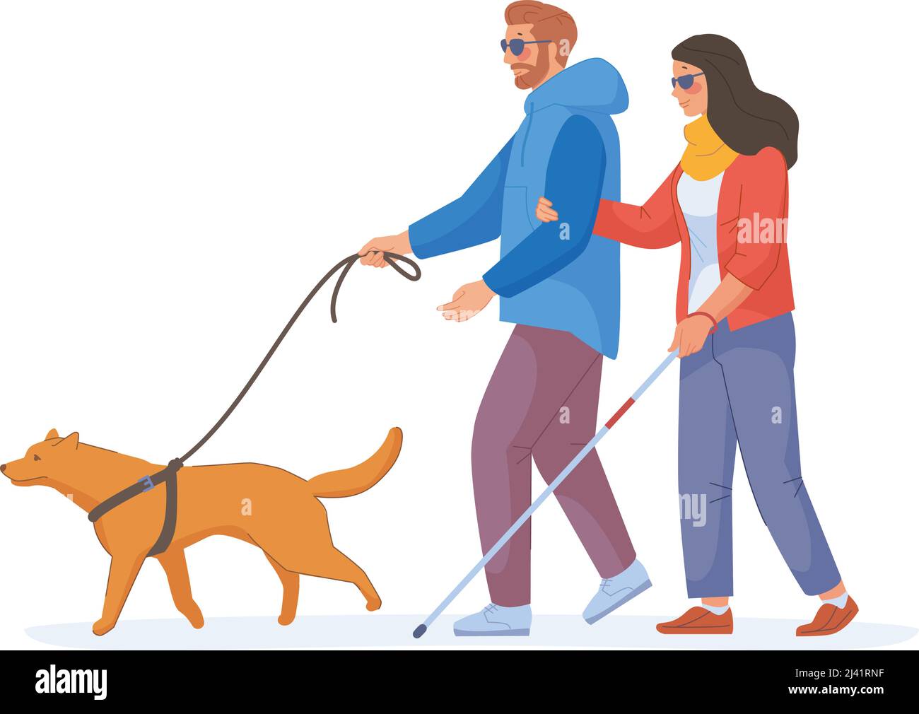 Guide Dog. Blind girl with helper animal guides assistance, blinds woman and man poor sight in eyesight glasses, handicap person service vision diseases, vector illustration. Helper pet assistance Stock Vector